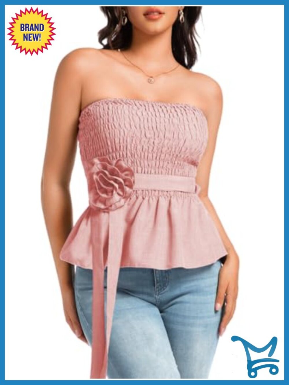 Women's Smocked Peplum Tube Top with 3D Floral Belt Strapless